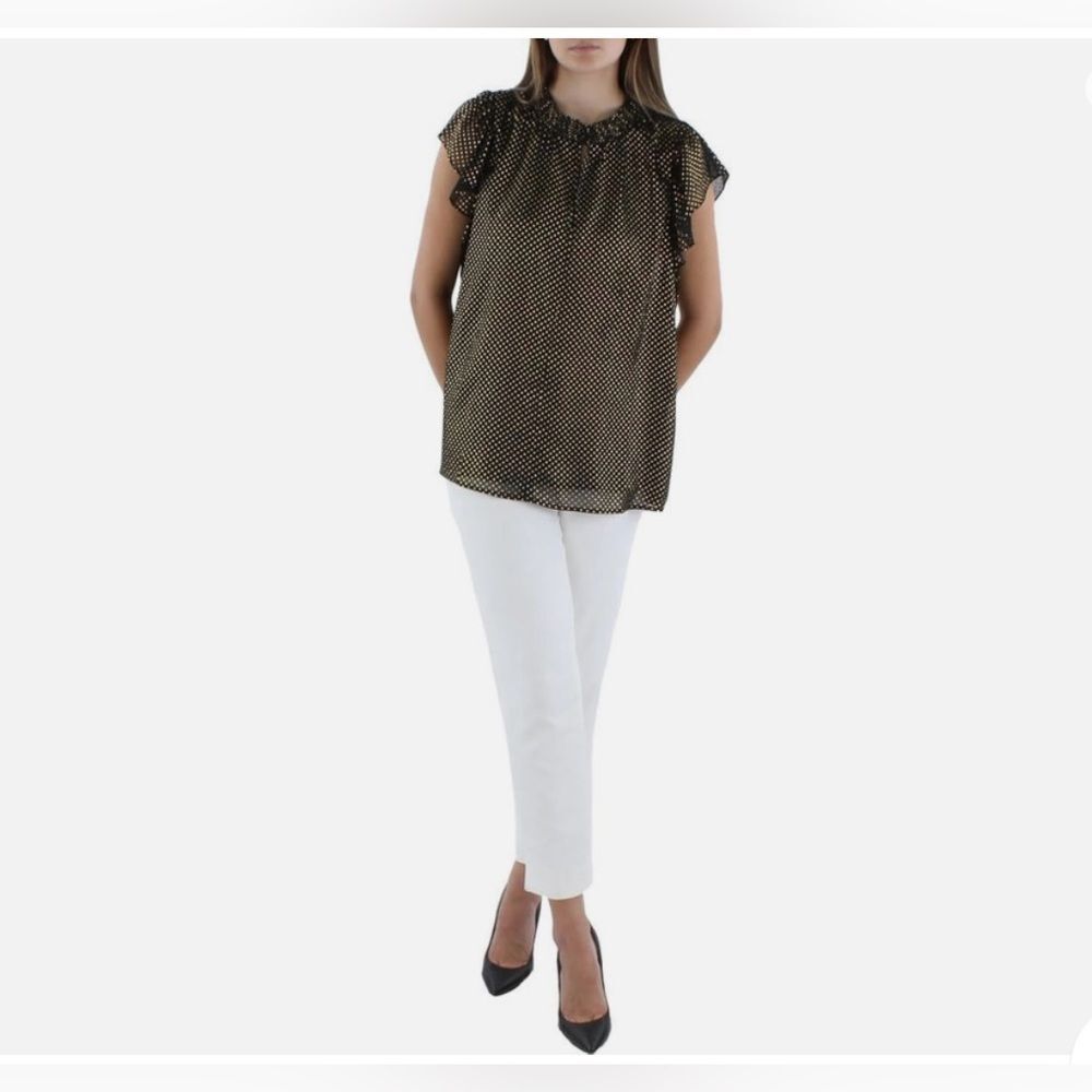 Tommy Hilfiger NWT Smocked Neck Waterfall Ruffle Sleeve Metallic Dot Top M